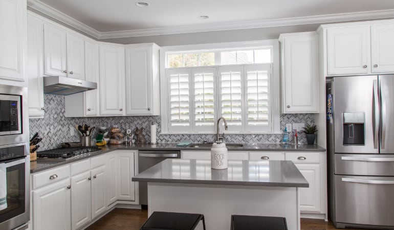 Polywood shutters in a San Diego gourmet kitchen.